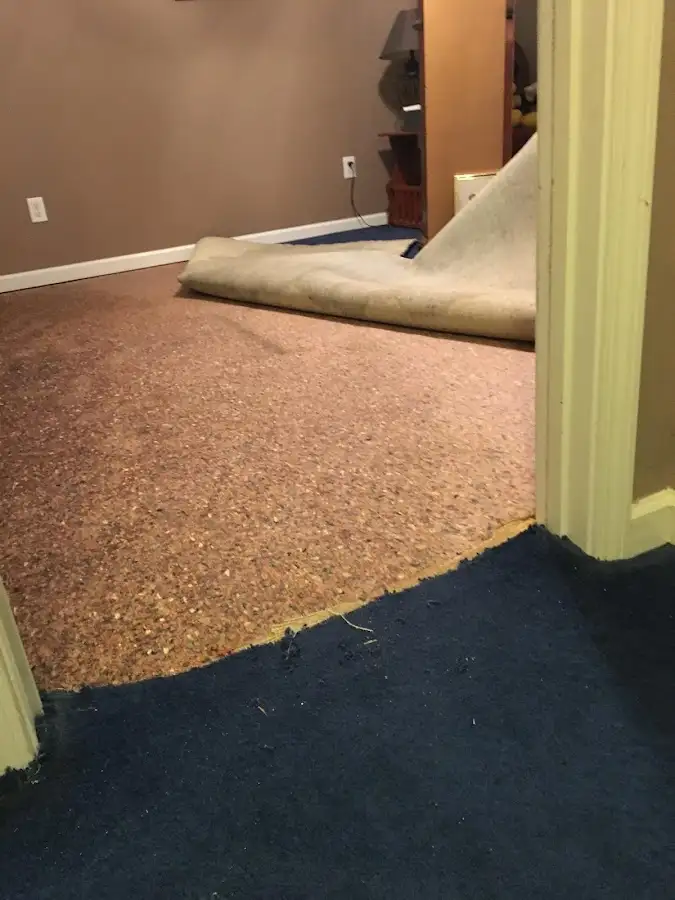 Carpet pad removal revealing water damage during Water Mitigation Services in Pecan Plantation